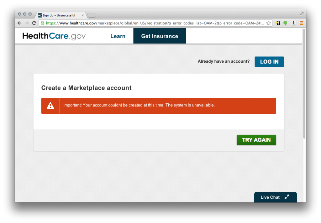 Screenshot of Healthcare.gov account creation error